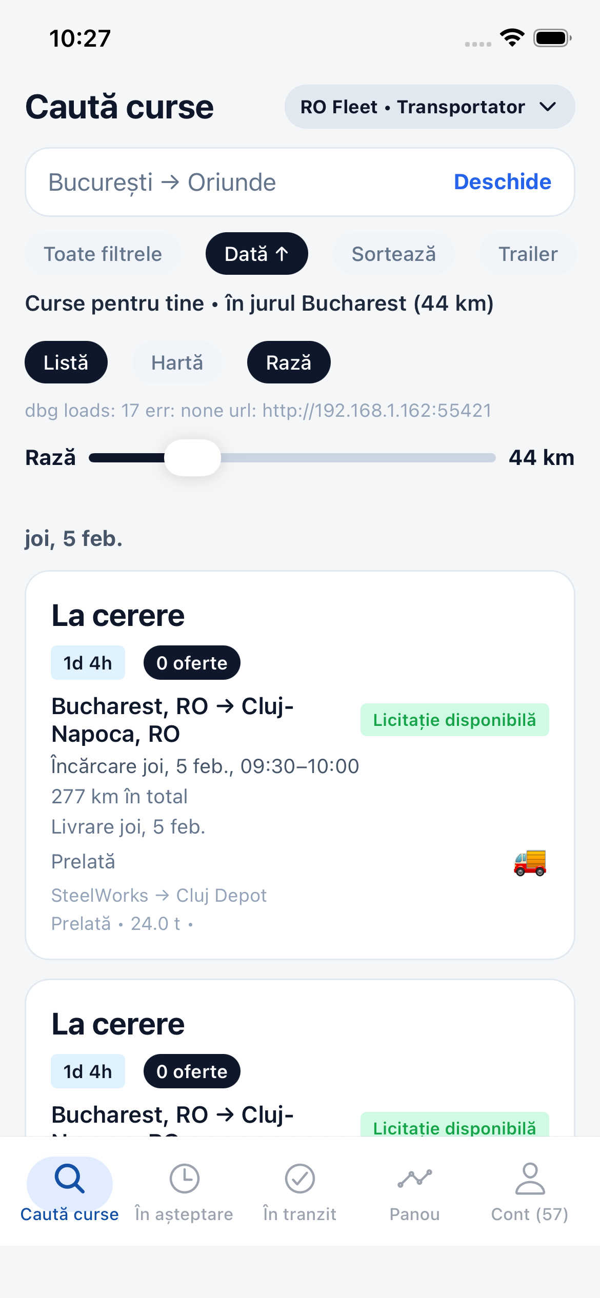 MFC TRANSPORT mobile app screen showing load search and delivery actions